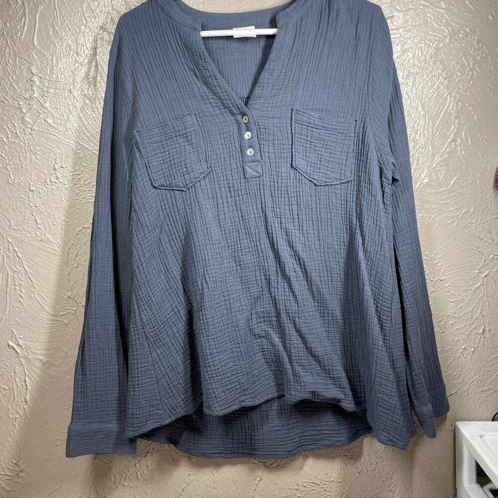 Mote Dusty Blue Long Sleeve Button Up 100% Cotton Woven Blouse Womens‎ Sz 2XL
